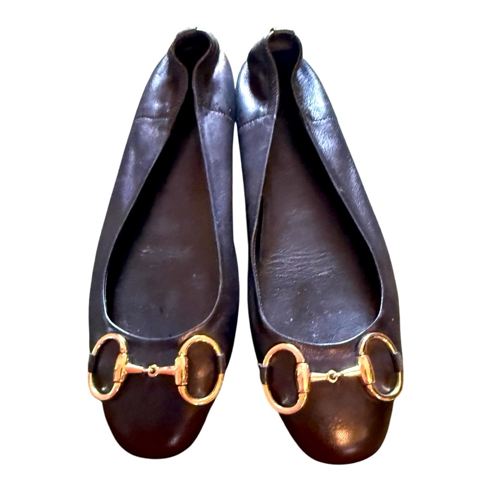 Gucci Horsebit Ballet Flats Black Leather 38.5 8.5 Gold Hardware EUC